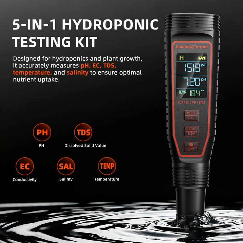 Load image into Gallery viewer, Spider Farmer - 5-in-1 pH Hydroponic Meter Kit – pH, EC, TDS, Temp & Salinity Tester