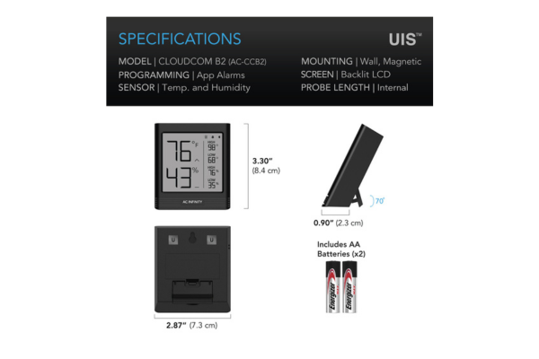 AC INFINITY CLOUDCOM B1 Smart Thermo-Hygrometer w/Data App 12' Sensor