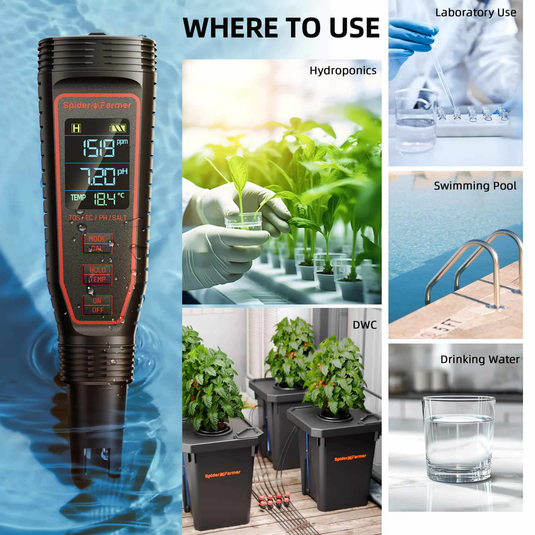 Spider Farmer - 5-in-1 pH Hydroponic Meter Kit – pH, EC, TDS, Temp & Salinity Tester