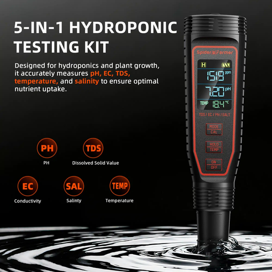 Spider Farmer - 5-in-1 pH Hydroponic Meter Kit – pH, EC, TDS, Temp & Salinity Tester