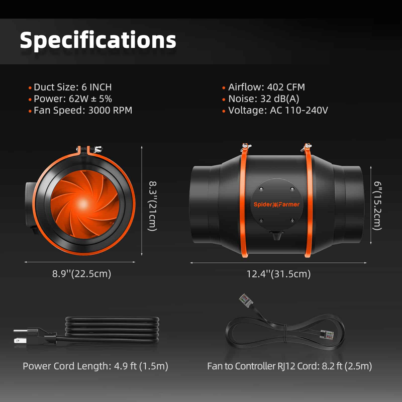 Load image into Gallery viewer, Spider Farmer - 6 Inch Inline Fan 402 CFM with GGS Controller for Grow Tents
