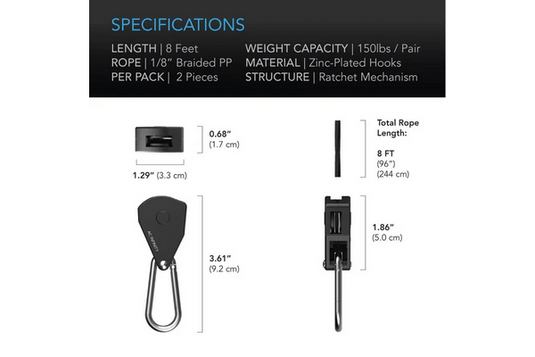 AC Infinity - Heavy Duty Adjustable Rope Hanger (2 Pack) - 150 lbs, 8 Ft for Grow Equipment
