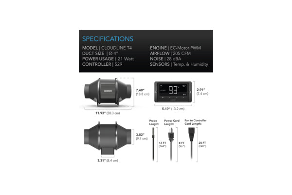AC Infinity - Cloudline T4 Quiet Inline Duct Fan System With Temperature and Humidity Controller 4
