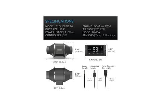 AC Infinity - Cloudline T4 – 4" Duct Fan with Temp & Humidity Control